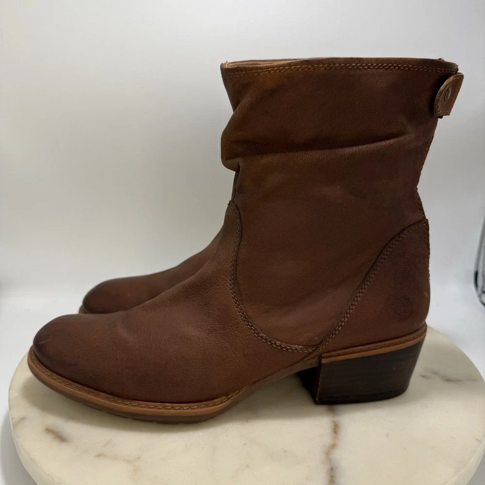 Timberland Sutherlin Bay Mid Back Zip Brown Leather Slouch Ankle Boots Women 10
